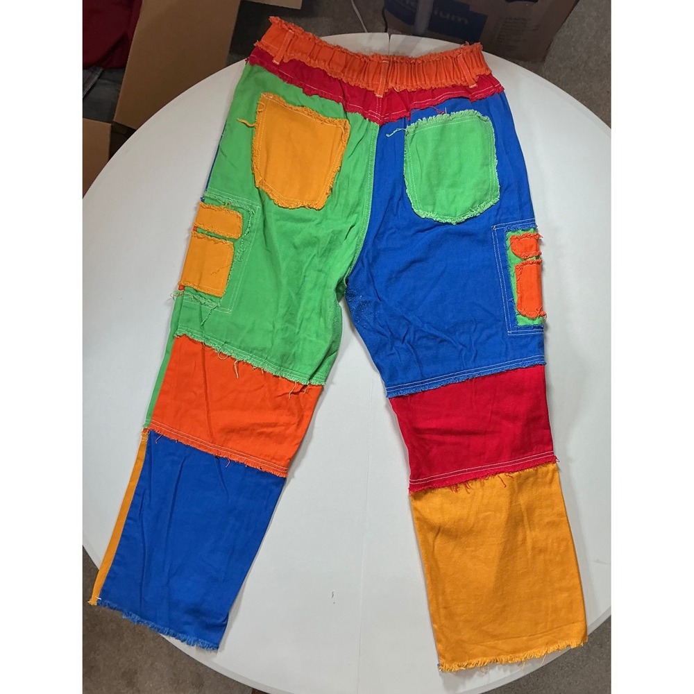 Rainbow Patchwork Color Block Cargo Pants Sz S Kidcore Raw Hem Distressed Clown